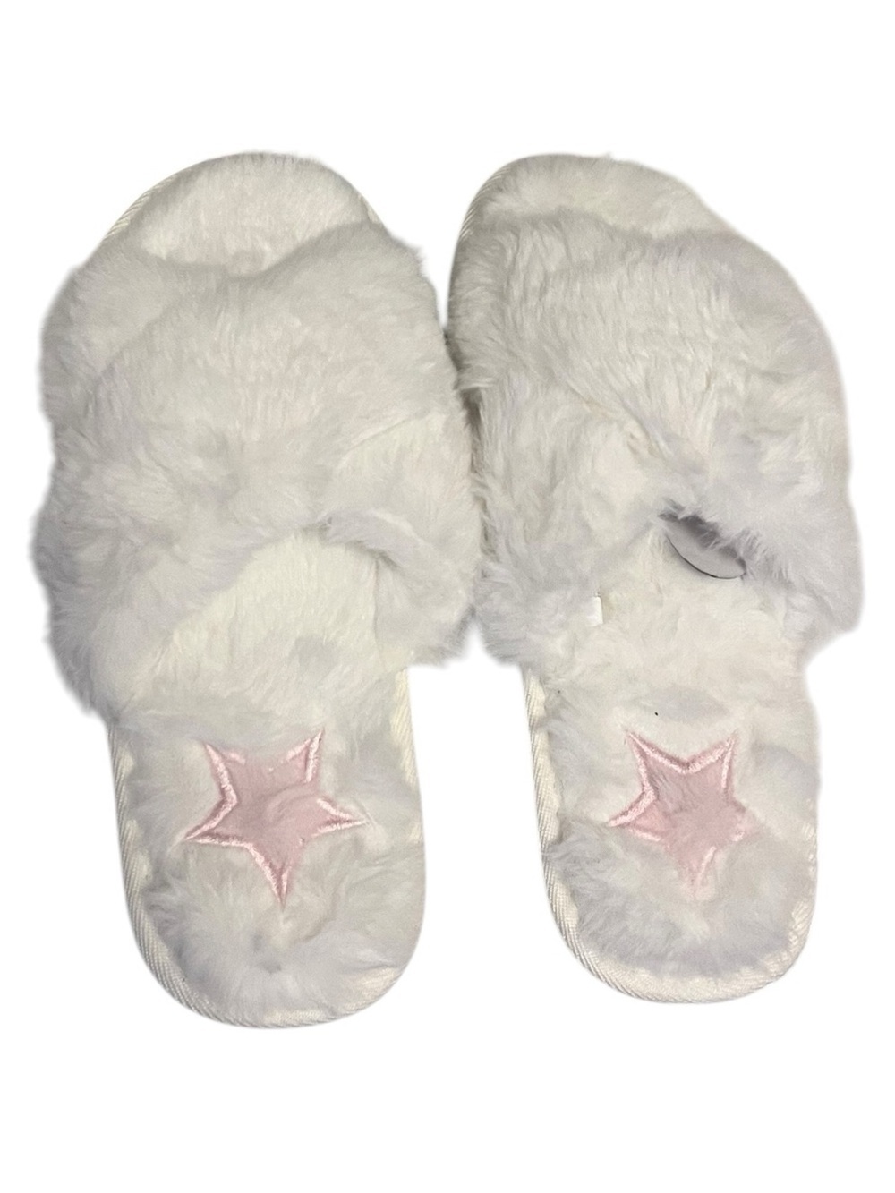 Lola faux fur star slippers featuring a plush, crossover. Size M (6.5-7.5)